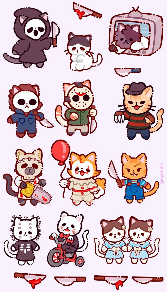 cartela de adesivos com gatinhos vestidos de personagens de filmes de terror, como o gosth face, toshio de O grito, Sadako de O chamado, Michel Meyers, Jason, Fred Krueger, leather face, Pennywise, chucky, pin head, o boneco de jogos mortais e as gêmeas de O Iluminado