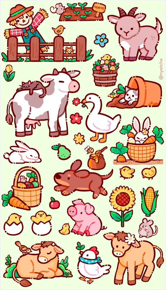 desenho de uma cartela de adesivos com vários bichinhos de fazenda, tem 3 vaquinhas, uma delas com um gato deitado nas costas, uma com uma flor na orelha e a ultima deitada com um passarinho em suas costas, um porquinho sentado com um pintinho, uma gatinha com lenço, um ganso com flor, gato derrubando um vaso, coelho numa cesta de cenouras