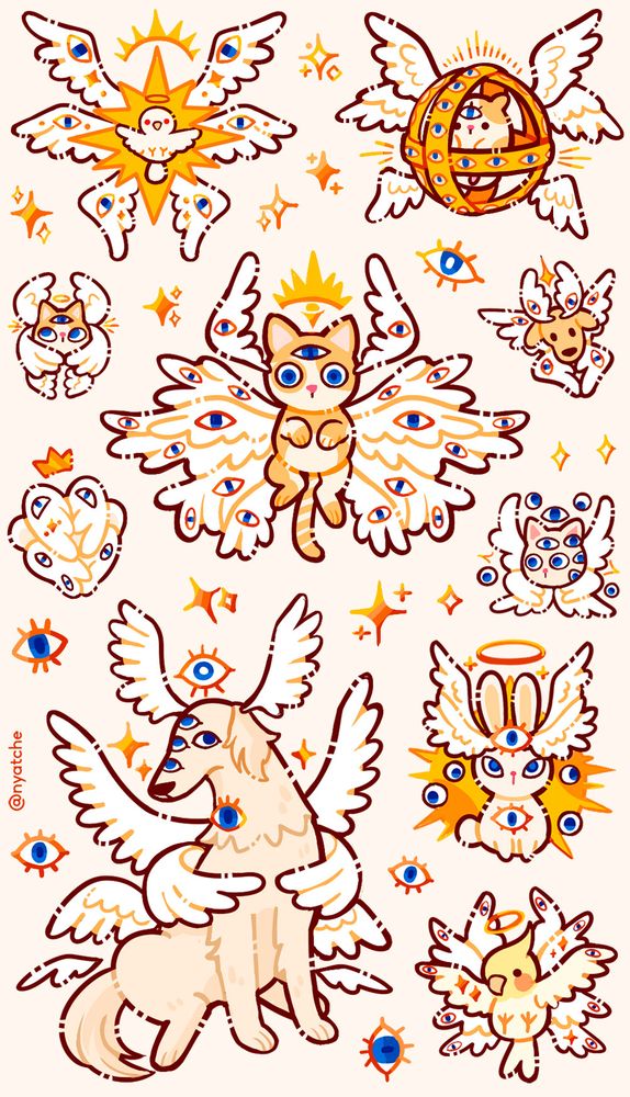 cartela com desenho de gato, coelho, cachorro, hamster e pássaros com várias asas e olhos de anjos