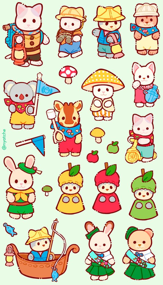 Cartela de adesivos com temática de Sylvanian families, com vários deles com ropas ligados a escoteiro e a floresta, pois também incluem 3 vestidos de maçãs e um de cogumelo. Tem até um num barquinho pescando! Os capacetes deles tb tem orelhinhas