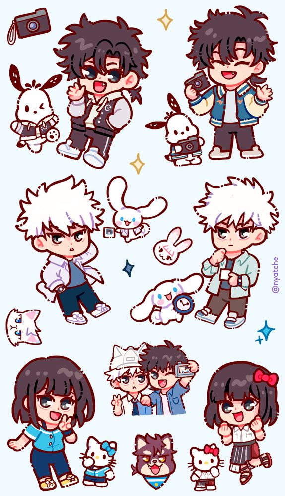 fanart dos personagens de link click com personagens de sanrio. lu guang tem o cinamorrol  e o cheng xiaoshi o pochacco