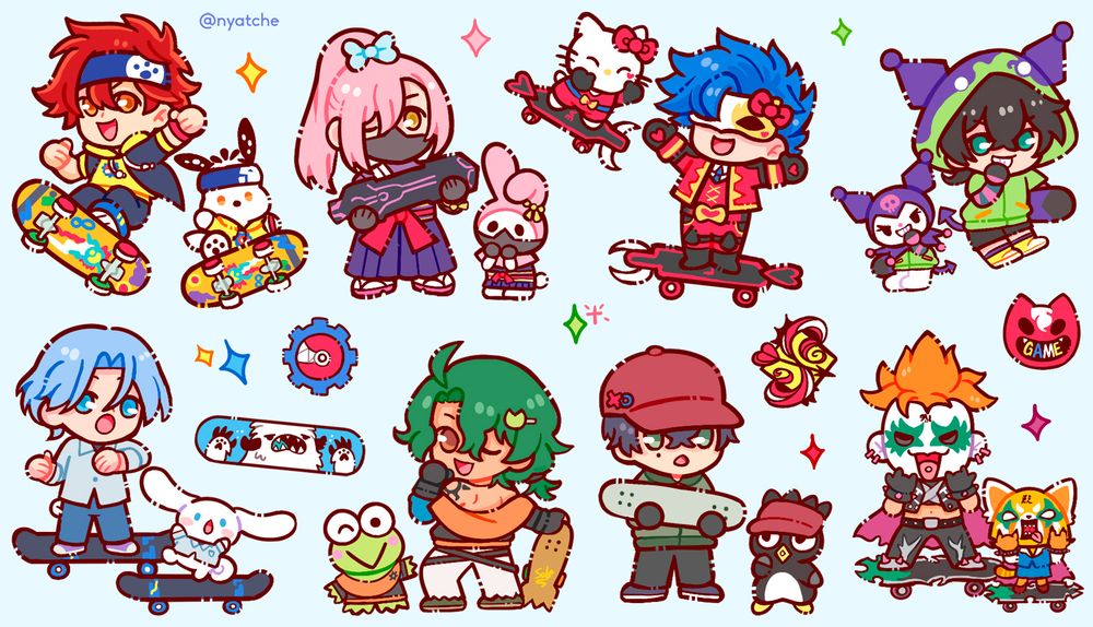 cartela de adesivos com os personagens de sk8 the infinity em formato chibi, acompanhados dos personagens de sanrio. them langa com cinammorroll, reki com pochacco, matchablossom são melody e keroppi