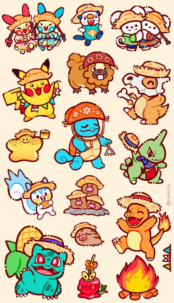 desenhos de vários pokemons comemorando com tema junino. tem bulbassauro com um milho nas costas, charmander pulando fogueira, squirtle tocando triangulo, pikachu com bandeirinhas de são joão, um ditto amarelo segurando uma canjica... todos eles com chapeu de são joão