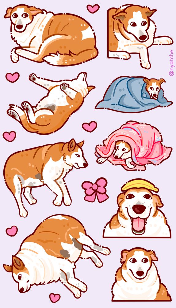desenhos do cachorro silveira, que é bem gordinho como uma bola. tem ele deitado em vários angulos, ele com cobertor, ele com banana na cabeça