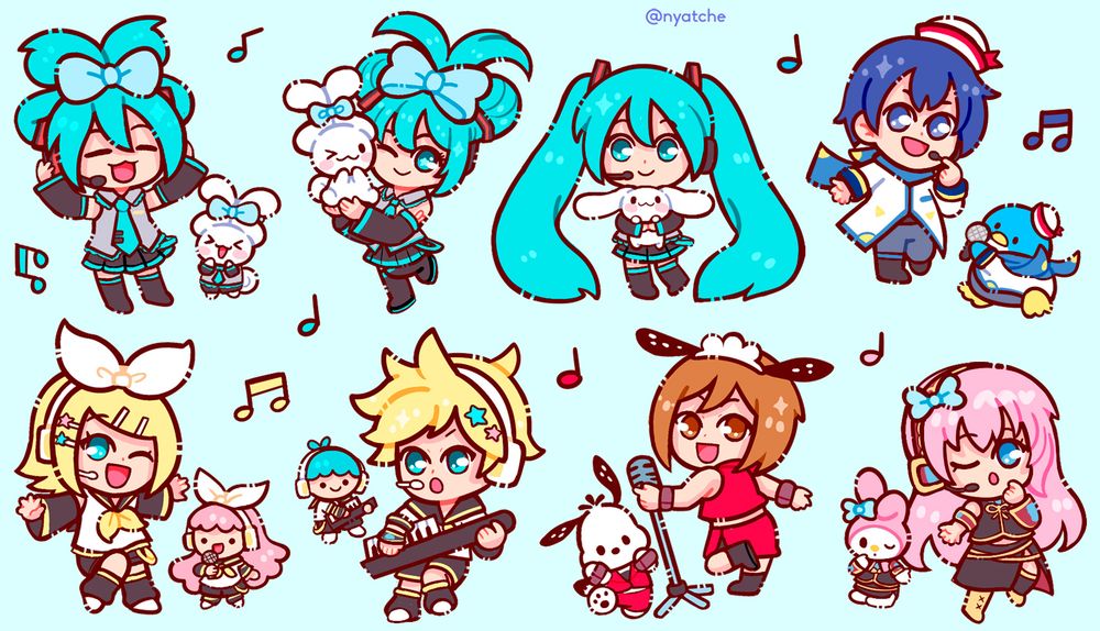 personagens de vocaloid interagindo com personagens de sanrio! metade da cartela é a miku com o cinammorroll com o famoso penteado em que os dois colocam o cabelo/orelhas longas pra cima com um lacinho