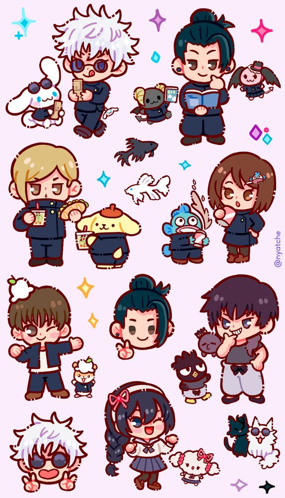 desenho dos personagens de jujutsu kaisen no arco do hidden inventory com os personagens de sanrio! geto e lloromannic, gojo e cinamorroll, nanami e pompompurin, toji com badtz maru