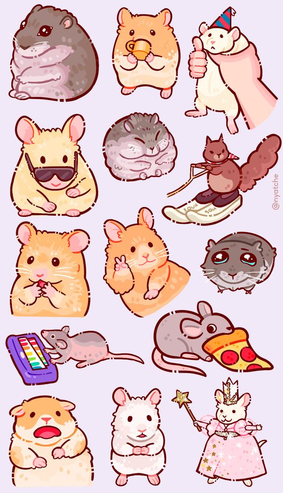 cartela de adesivos com memes de ratos e hamster