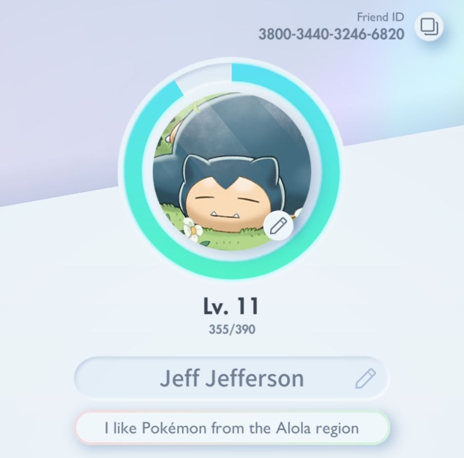A screenshot of Jeff Jefferson's Pokémon TCG Pocket profile, with a snorlax as the profile image