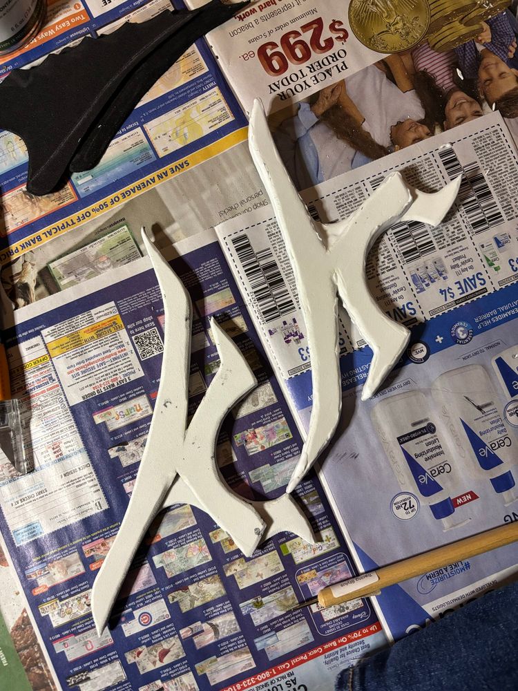 Foam antler pieces wait to be primed and painted. 