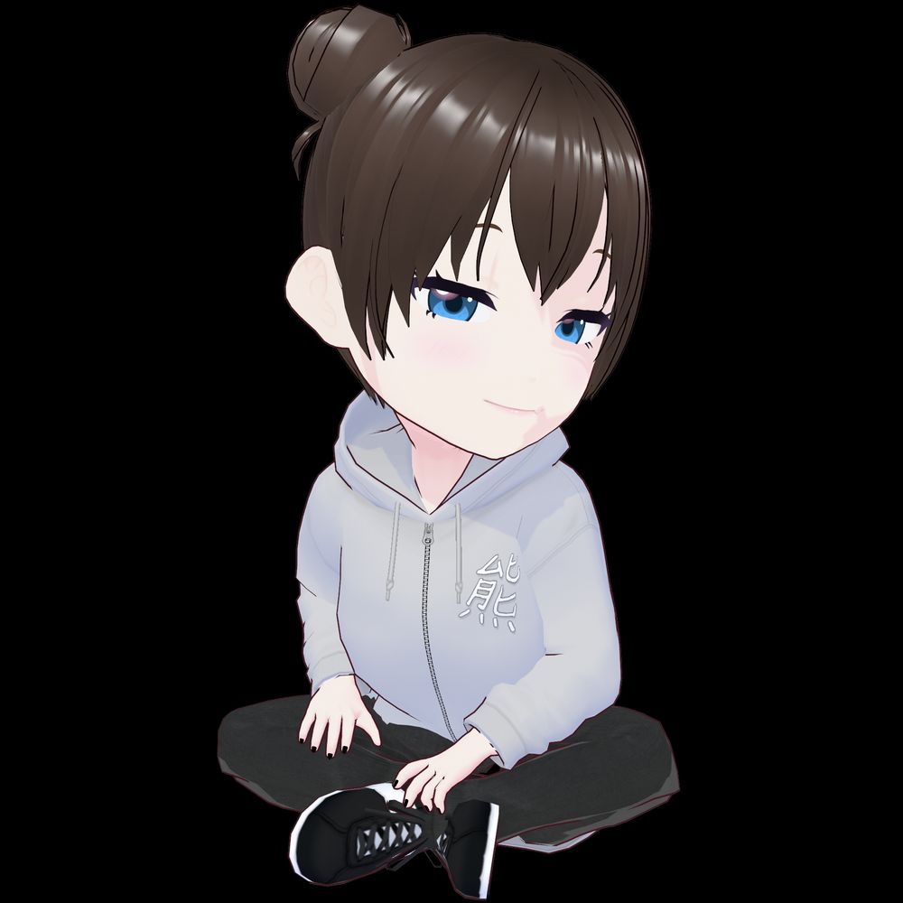 Chibi Akiko is grinning with her eyes slightly squnited and her hands resting in her lap as she sits cross-legged. Something about her looks... mischievous.