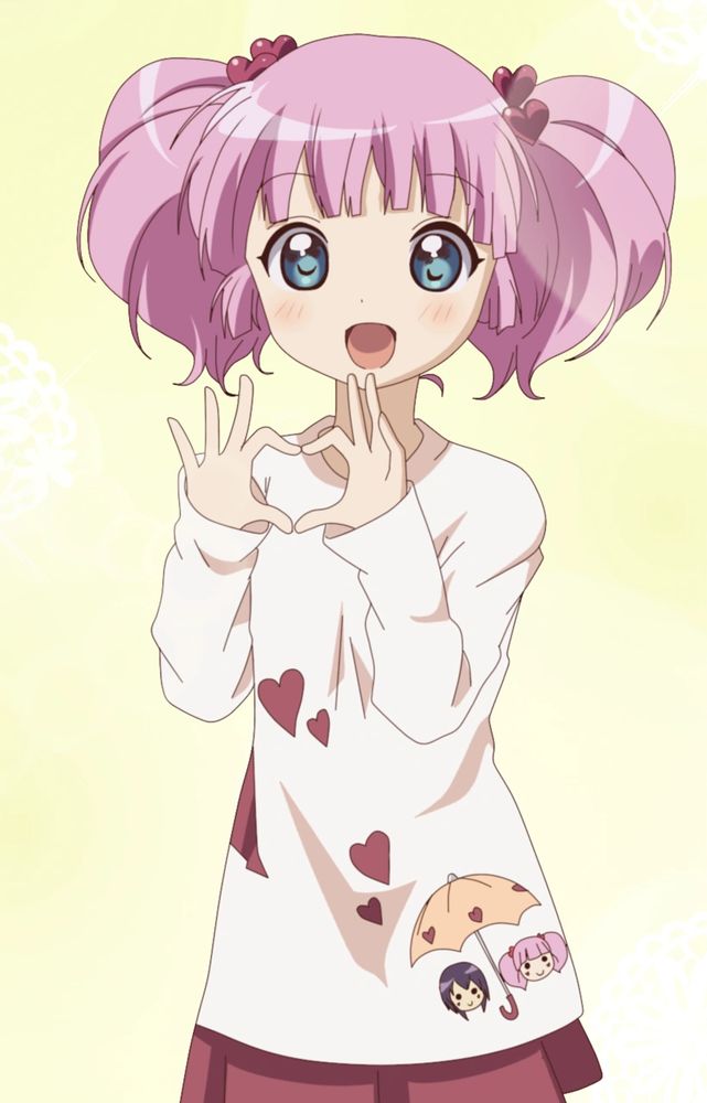 Chinatsu Yoshikawa from YuruYuri is making a heart sign with her index fingers and thumbs. She has a big, open-mouthed smile and looks excitedly towards the viewer.