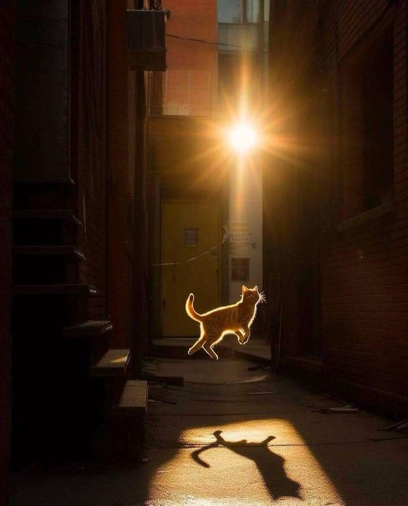 Uma linda foto do momento exato que um gatinho laranja saltou dos degraus em um beco escuro e ficou parado no ar todo iluminado por uma luza do sol laranja que ilumina apenas o gatinho e o chão logo abaixo dele.