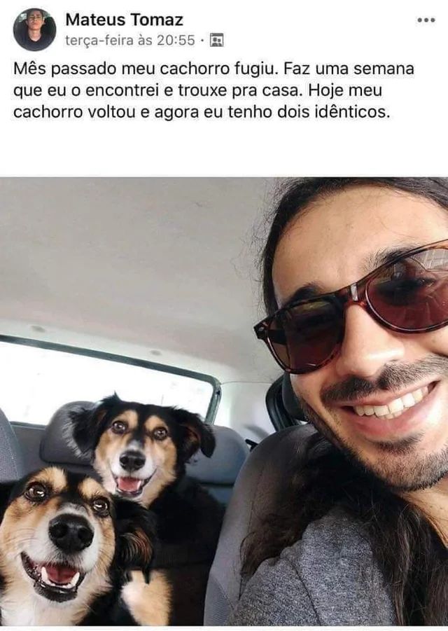 Print de uma publicação de Mateus Tomaz no Facebook que diz: "Mês passado meu cachorro fugiu. Faz uma semana que eu o encontrei e trouxe pra casa. Hoje meu cachorro voltou e agora eu tenho dois idênticos." e abaixo uma selfie dele dentro do carro com os dois cães idênticos.