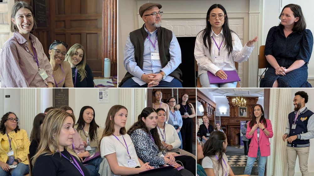 Collage of smiling students at the symposium check-in table, three seated panelists, two presenters standing as they speak, and rapt audience members listening.
