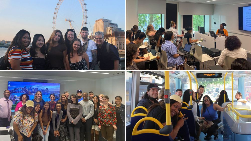 Collage of four photos showing Silver student experiences in London including sightseeing, classwork, and transit.