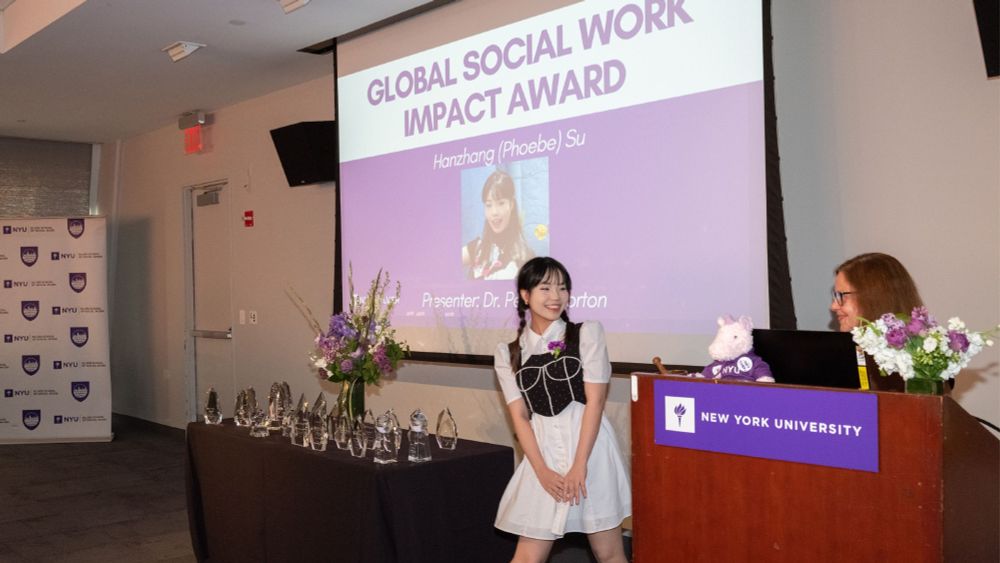 Rising senior Phoebe Su is presented NYU Silver’s 2025 Global Social Work Impact Award by Undergraduate Program Director Dr. Peggy Morton.