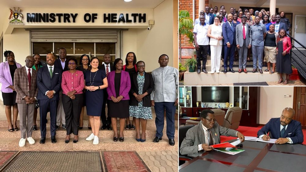 Collage of Dean Lindsey and colleagues from NYU Silver posing with partners from Uganda's Ministry of Health, Makerere University and AfriChild.