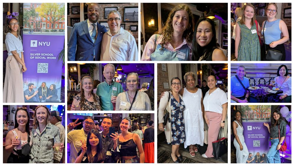 Collage of alumni posing in groups, with Dean Lindsey and in front of the NYU Silver banner at the school's summer alumni reception.