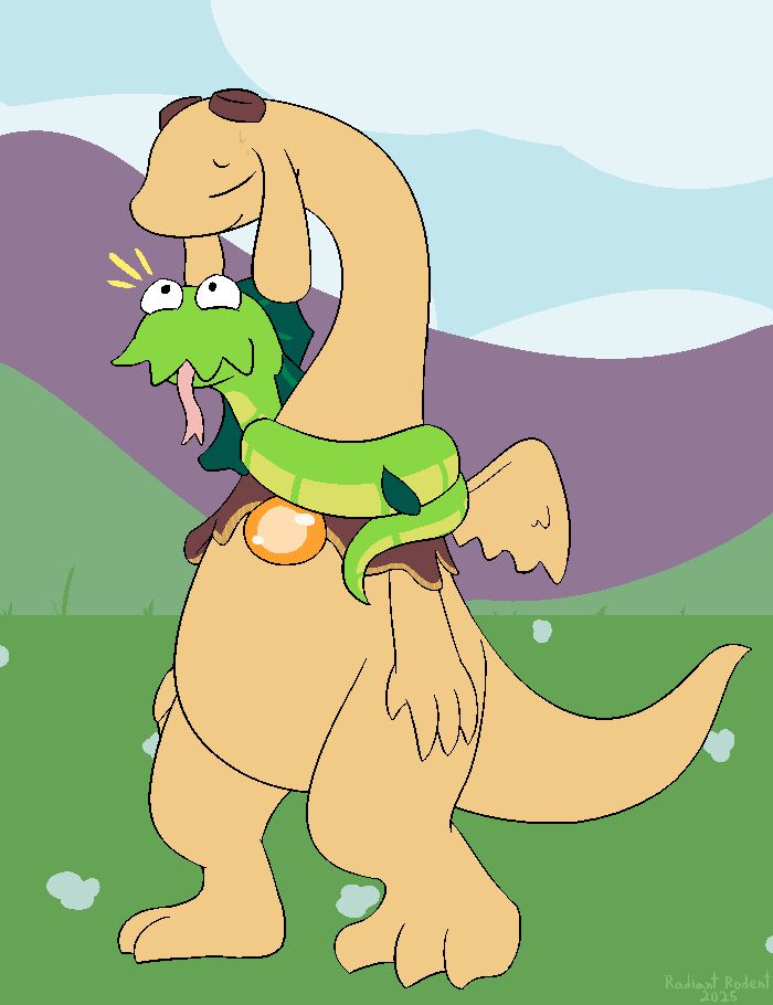 A Bulb Dragon getting wrapped up by a happy and well meaning happy.