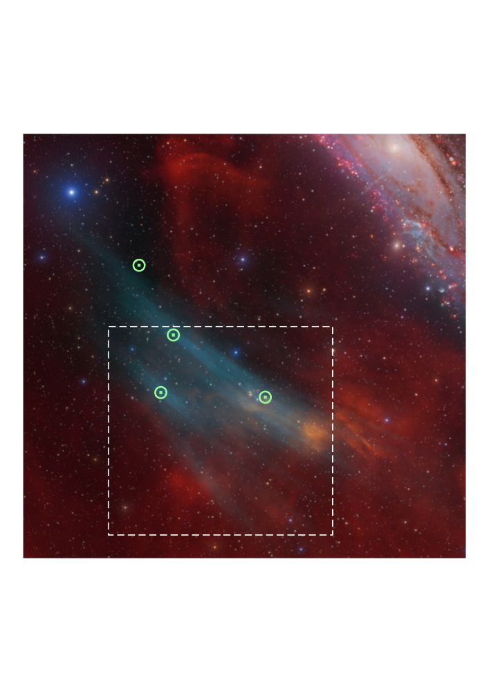Image from Lumbreras-Calle et al. 2024 https://arxiv.org/abs/2412.08327. It shows the oxygen nebula near the Andromeda galaxy, with the pointings where we obtained MEGARA GTC spectra marked in green (P1-P4). The white square represents the area where we obtained narrowband photometry with the JAST80 telescope from @CEFCA_OAJ. The background image was produced by Strottner, Drechsler, and Sainty, who gently allowed us to use it in the paper.