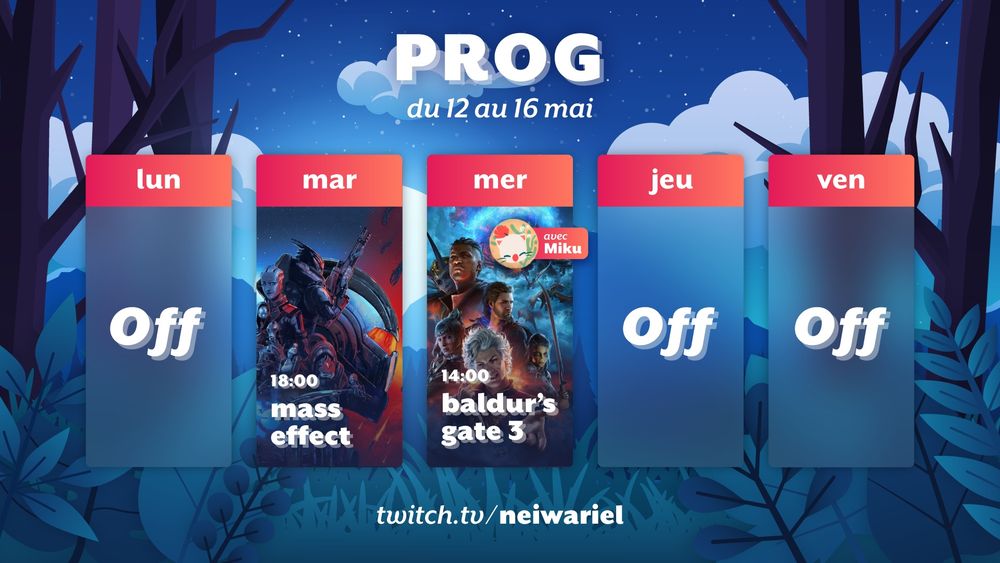 Programme de stream de la semaine du 13 au 16 avril sur twitch.tv/neiwariel :
Mardi 18h : Mass Effect 2
Mercredi 14h : Baldur’s Gate 3