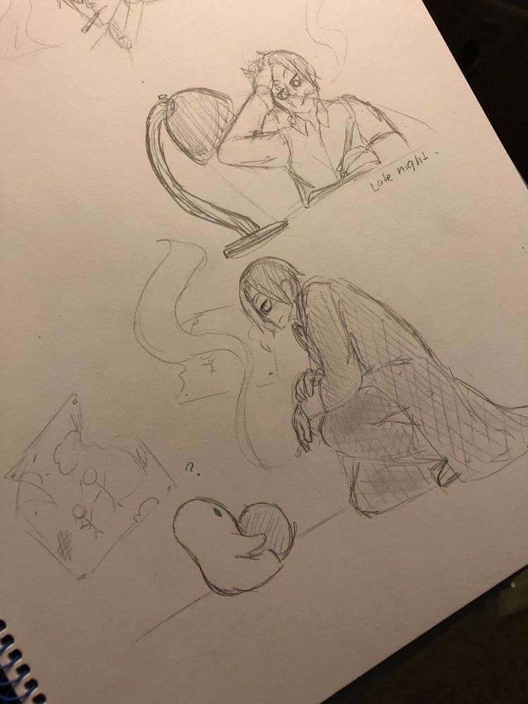 Early sketch of Duke talking to a small blob ghost and also working late at night at his desk