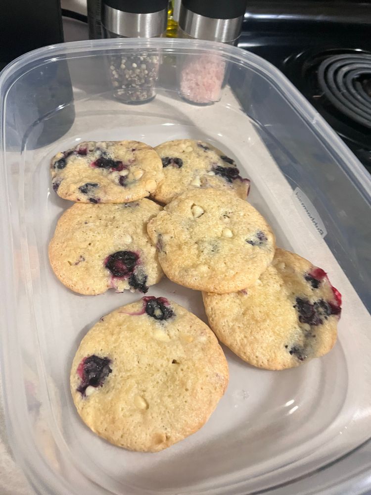 container of blueberry white chocolate chip cookies