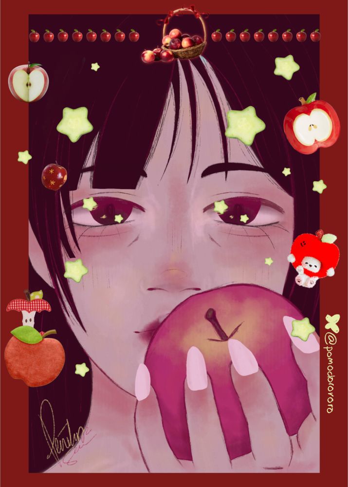 a photocard-like drawing of yves (member of loona) holding an apple