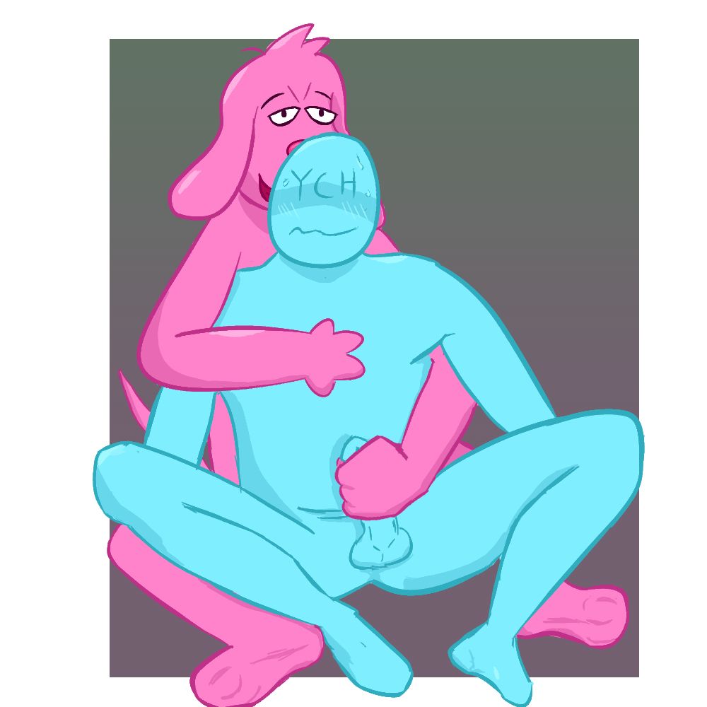 Lovehound (pink dog) reaching infront of and jerking off a blue ych character.