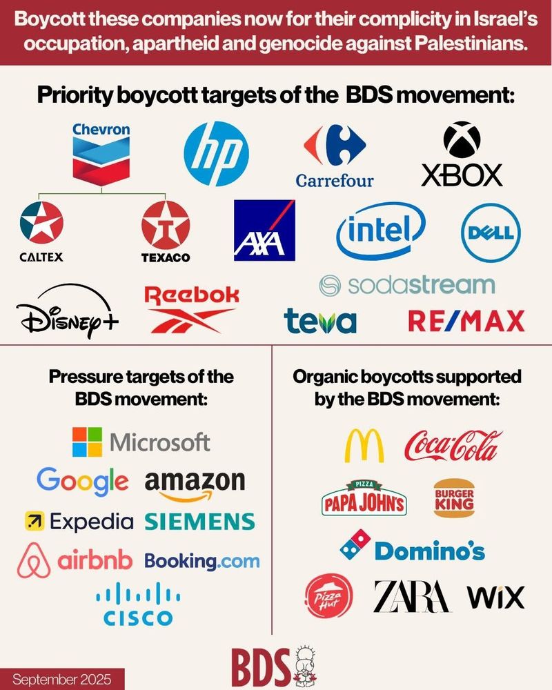 Boycott these companies now for their complicity in Israel's occupation, apartheid and genocide against Palestinians.

Priority boycott targets of the BDS movement:

Chevron
Caltex
Texaco
HP
Carrefour
XBOX
AXA
intel
DELL
Disney+
Reebok
teva
sodastream
RE/MAX

Pressure targets of the BDS movement:
Microsoft
Google
amazon
Expedia
SIEMENS
airbnb 
Booking.com
CISCO

Organic boycotts supported by the BDS movement:
McDonald's
Coca-Cola
PAPA JOHNS
Burger King
Domino's
Pizza Hut
ZARA
WIX

September 2025
