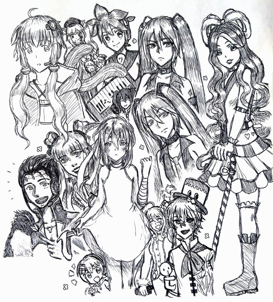 Black and white pen Vocaloid and Utau doodle sheet with 13 drawings. 1. Yukari. 2. Sadistic Music Factory Miku. 3. Chibi Rin and Len. 4. Len with his keytar. 5. Big Al holding and excitedly pointing to a rockhopper penguin. 6. Utau Arachne. 7. Chibi Kikyunne Aiko peaking out and waving. 8. Shattered Glass Mikoto. 9. Two Hagane Mikus. 10. A nervously smiling chibi Ruko. 11. Utau Shiro. 12. Fukase with Point on his arm. 13. Utau Mintira Mintau.