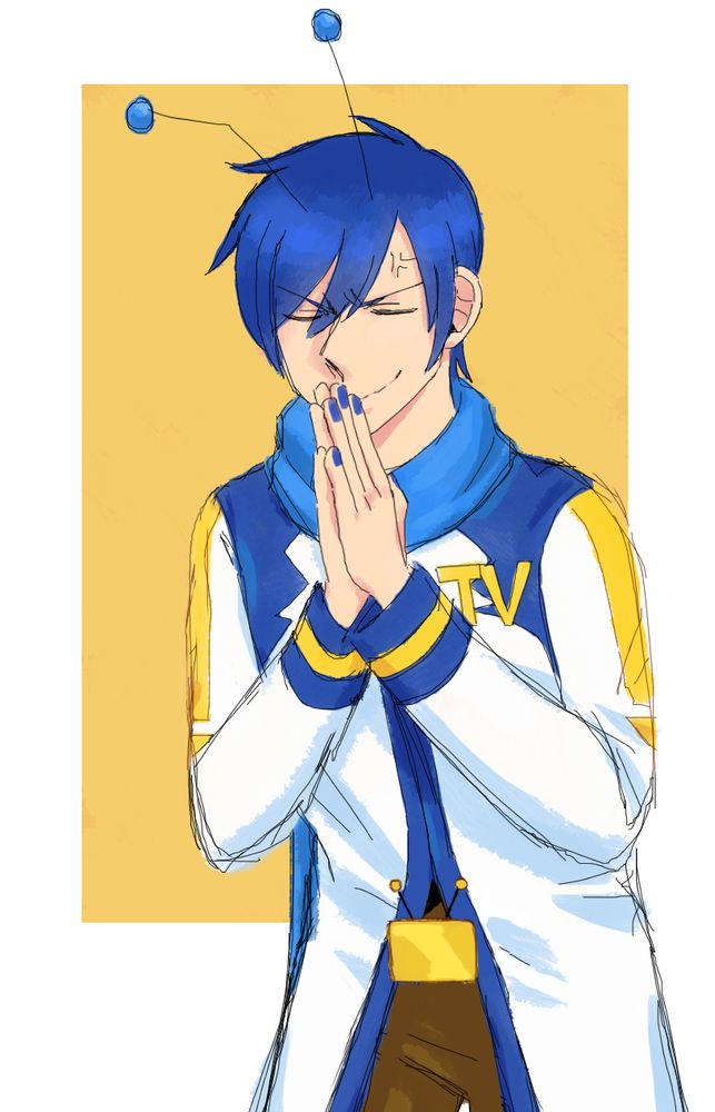 Art of Vocaloid 1 Kaito, putting his hands together in front of his mouth and smiling angrily with his eyes closed. He has Deltarune Tenna’s antennae (in blue), yellow letters, “TV,” on the right of his chest, and Tenna’s gold, TV-shaped belt buckle. The background is a yellow rectangle over a white fill.