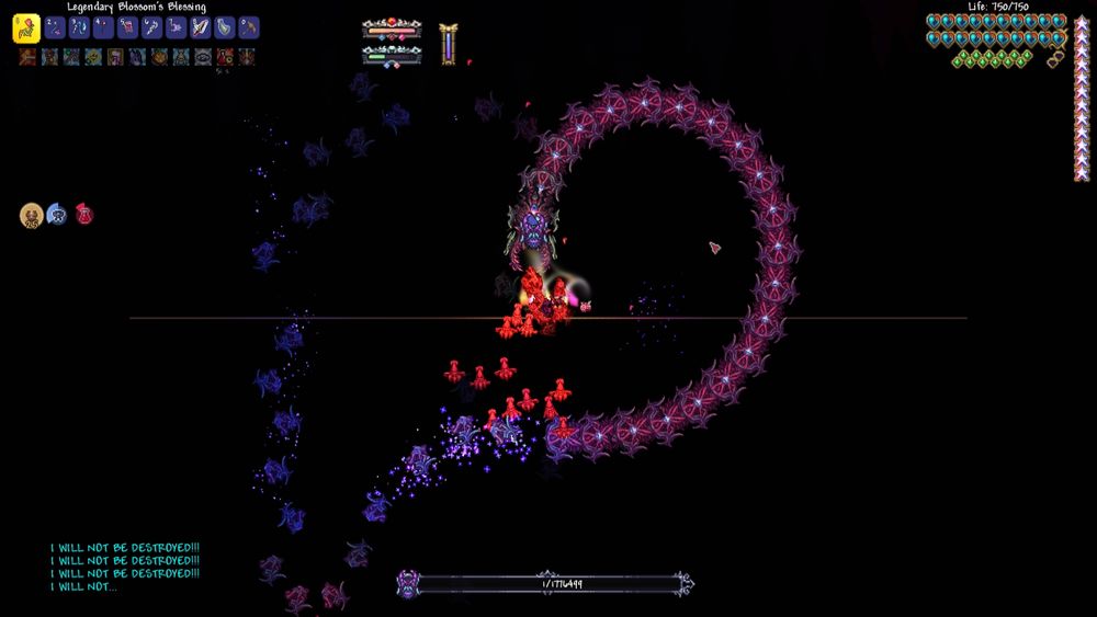 A screenshot of the Calamity Infernum mod for Terraria, with the Devourer of Gods playing it's death animation