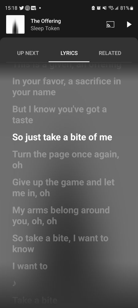 A screenshot of the song "The Offering" by Sleep Token, with the lyric "So just take a bite of me" highlighted