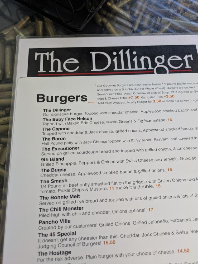 The Dillinger in Boulder City. Menu includes "The Bugsy" 