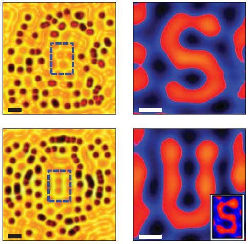 arrangement of carbon monoxide molecules (dark red on yellow background) helps the electron ‘ripples’ to form the letters “S” and “U”