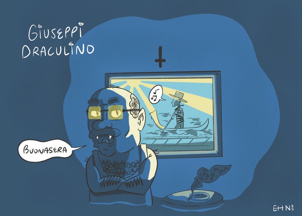 A drawing of Giuseppi Draculino. Outside his window, the sun is shining and there is a man in a gondola singing