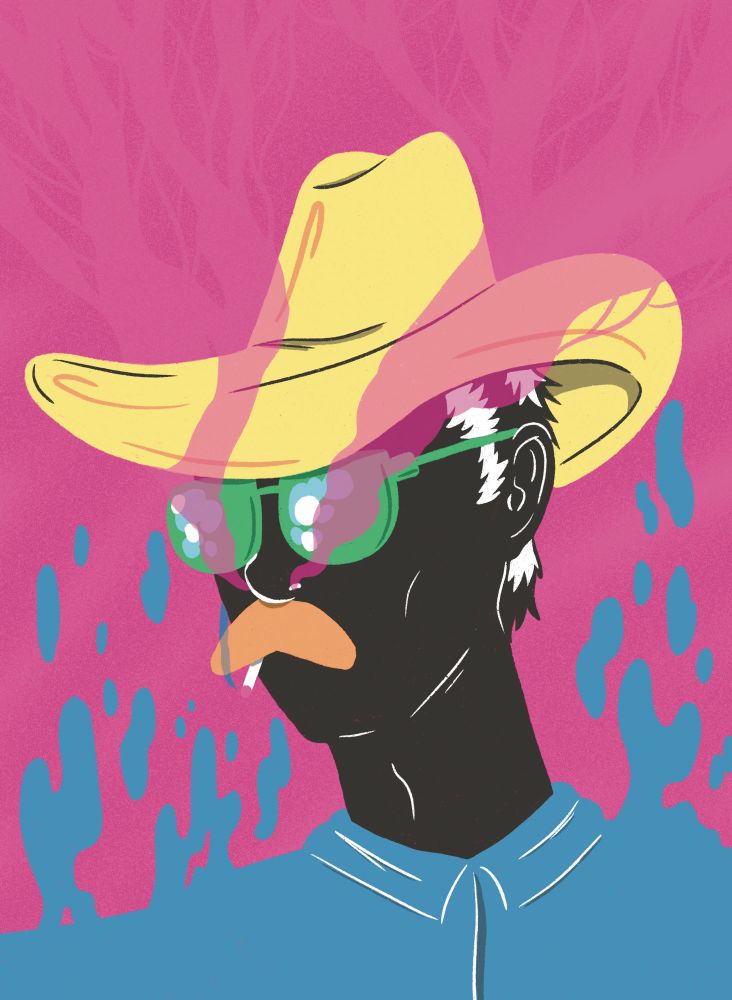 Four variants of a cowboy blowing smoke out of his nose while his clothes appear to be melting upward. The background colors are blue, orange, black, and pink