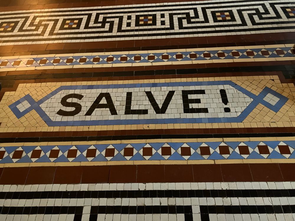 Floor tiles with various geometric designs and a central motif with the Latin word SALVE! writ large. 