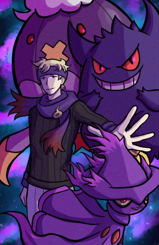 Illustration of Gym Leader Morty and 3 ghost Pokemon: Drifblim, Gengar, and Mismagius.