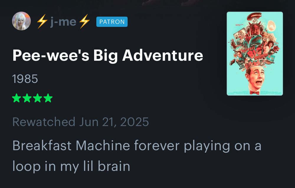 screenshot of a Letterboxd review that says “Breakfast Machine forever playing on a loop in my lil brain.”