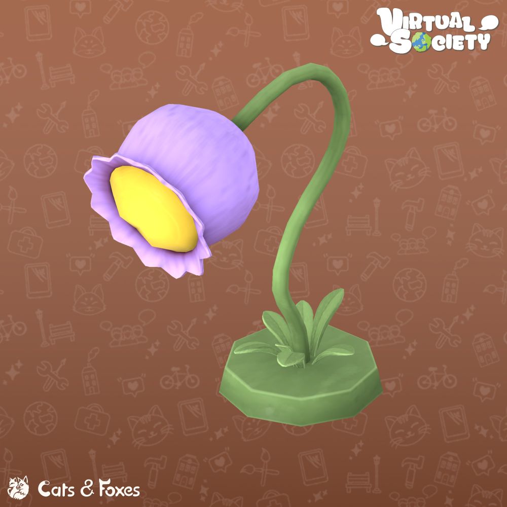 A 3D-rendered whimsical flower-shaped lamp from VirtualSociety. The lamp resembles a delicate purple flower with a glowing yellow center, attached to a green, curved stem with small leaves at the base. The background is a warm brown with subtle gaming-related icons. The VirtualSociety logo is in the top right corner, and the Cats & Foxes logo is in the bottom left.