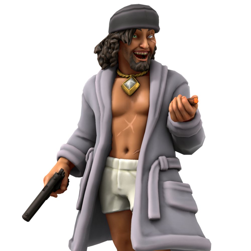 A HeroForge image of a man in boxer shorts and a bathrobe with a handgun and cigar. He has gold teeth and a milky eye from an apparent knife wound.