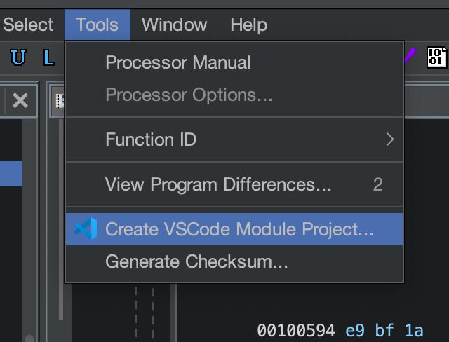 The new menu for VSCode integration in Ghidra.