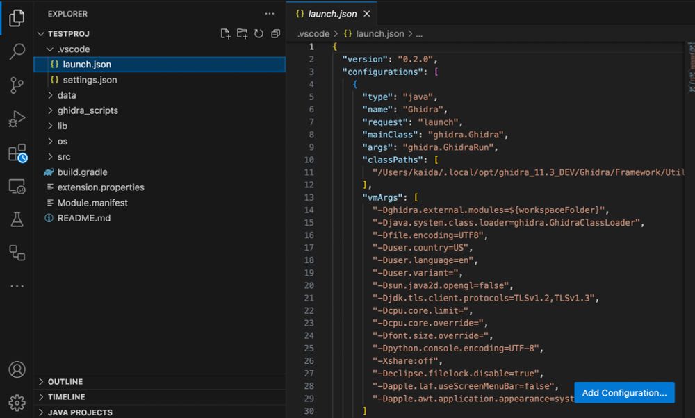 Screenshot of the VSCode Ghidra launch configuration.