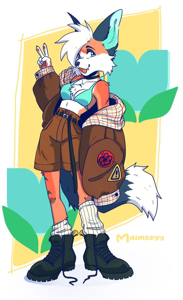 A furry character is standing with their coat falling off their shoulder. They are smiling, looking at viewer and giving a peace sign. 