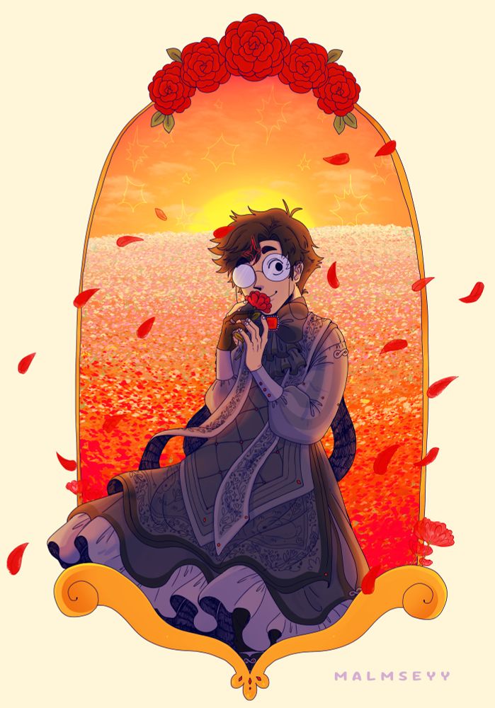 A drawing of a character holding a flower up to their face. The are in a field of flowers with a golden frame with roses around them. Their outfit is flowing out of the frame along with petals. 