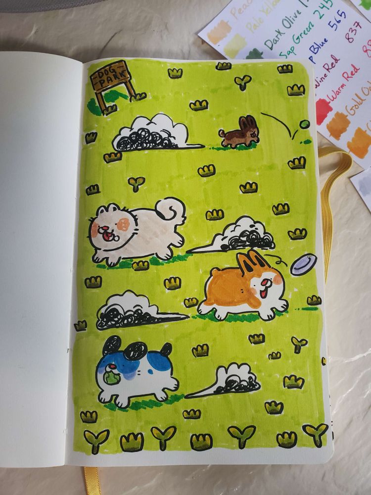 A drawing of 4 dogs each running the opposite way in a pattern. They are all different breeds of dogs. There's stray grass around the page and a sign at the top saying "dog park" 