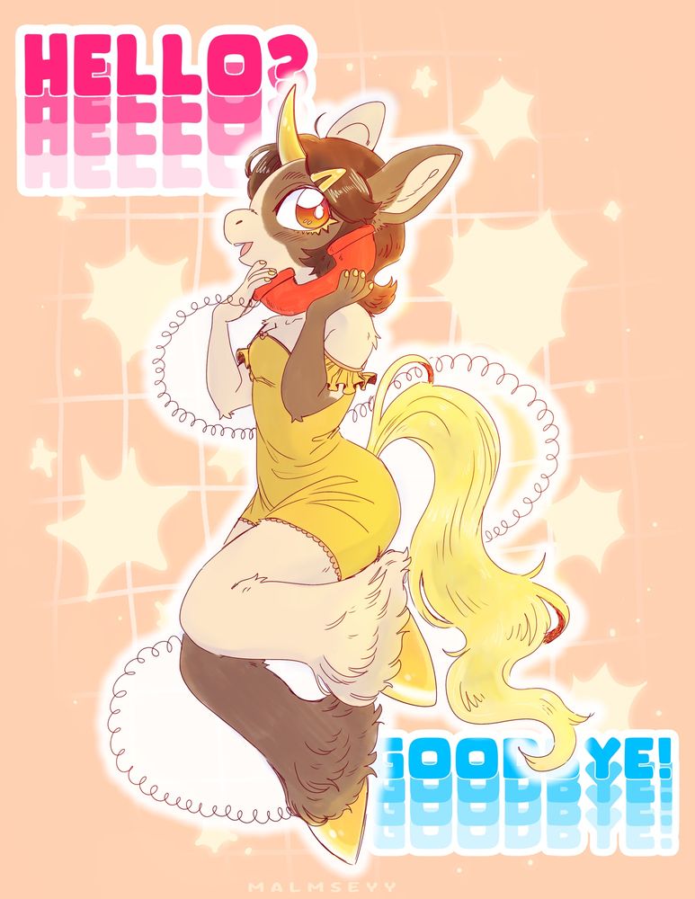 A unicorn furry is floating while holding a wired phone. The cord is wrapping around behind them. The background is stars and the words "hello!" At the top and "goodbye!" On the bottom.