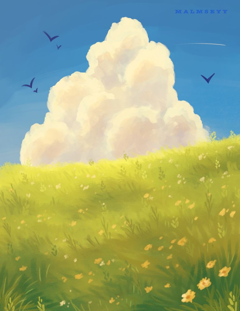 A digital painting of a warming lit field. You see slight hints of flowers scattered through out, the field. In the background you see a bright blue sky with a large soft cloud, a few bird silhouettes are scattered throughout the sky. 